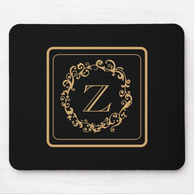 Black Gold Border Design Monogram Letter Mouse Mat (Front)