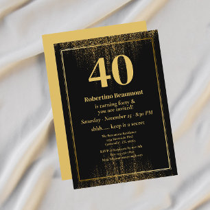 Black Gold Border Glitter Modern 40th Birthday Invitation