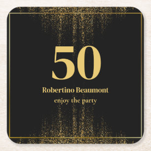 Black Gold Border Glitter Modern 50th Birthday Square Paper Coaster