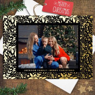 Black GOLD Botanical Christmas Frame Photo Foil Holiday Card