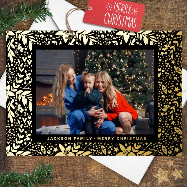 Black GOLD Botanical Christmas Frame Photo Foil Holiday Card (Creator Uploaded)