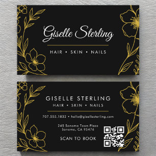 Black Gold Botanical Floral QR Code Beauty Salon Business Card