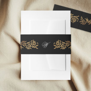 black & gold botanical frame monogram wedding invitation belly band