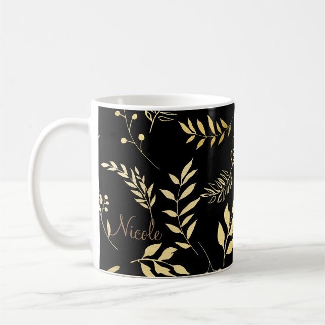 Black & Gold Botanical Glam Floral Leaves Chic Coffee Mug (Left)