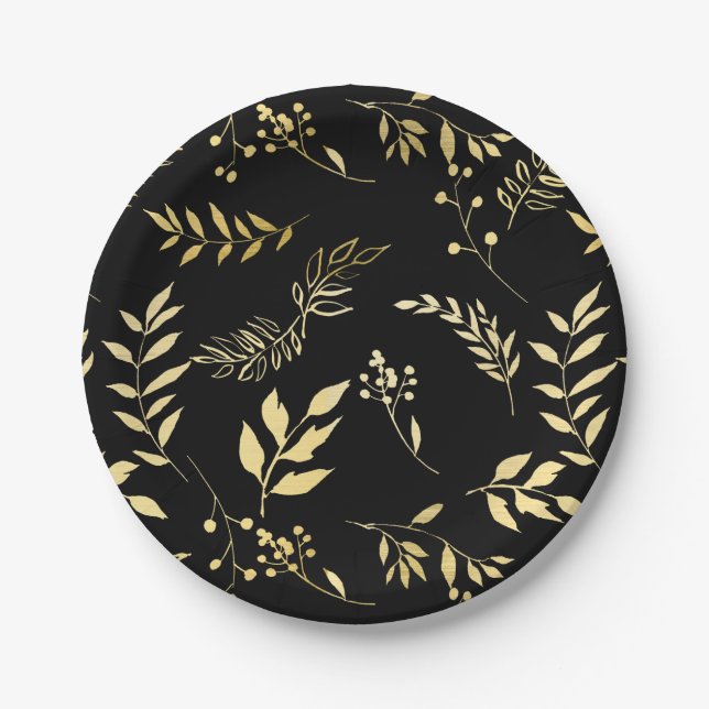 Black & Gold Botanical Glamour Glam Wedding Party Paper Plate (Front)