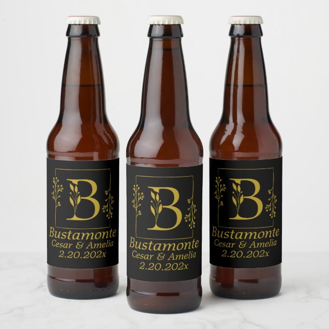 Black & Gold Botanical Letter B   Beer Bottle Label (Bottles)
