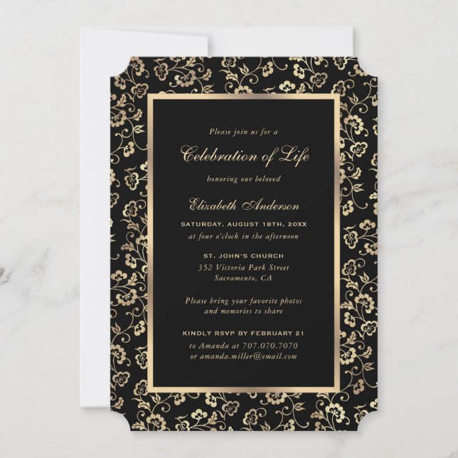 Black Gold Botanical Memorial Celebration of Life Invitation (Front)