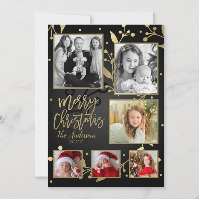 Black & Gold Botanical Merry Christmas 6 Photo Holiday Card (Front)