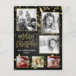 Black & Gold Botanical Merry Christmas 6 Photo Holiday Postcard