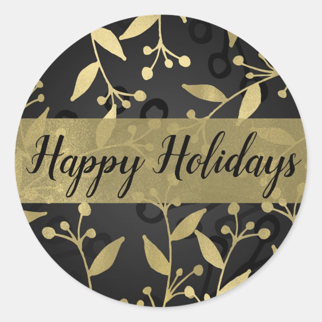 Black & Gold Botanical Merry Christmas Elegant Classic Round Sticker (Front)