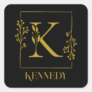 Black & Gold Botanical Monogram Letter K Square Sticker