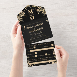 Black Gold Botanical Monogram Wedding Script All In One Invitation