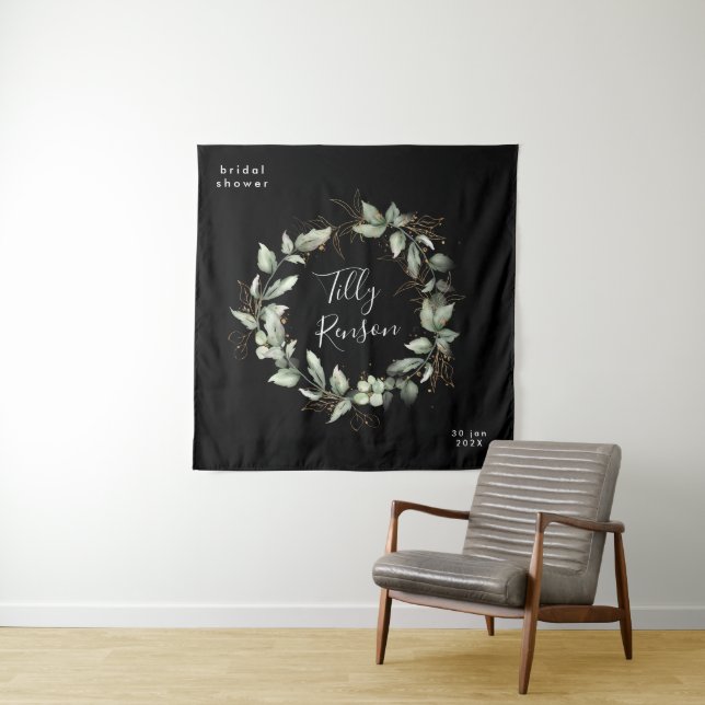 Black Gold Botanical Succulent Bridal Shower Tapestry (In Situ)