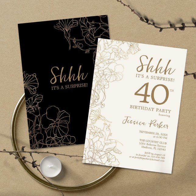 Black Gold Botanical Surprise 40th Birthday Invitation (Creator Uploaded)