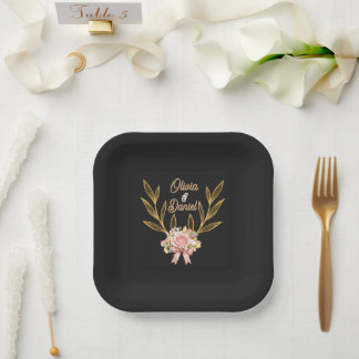 Black Gold Botanical Wedding Paper Plates