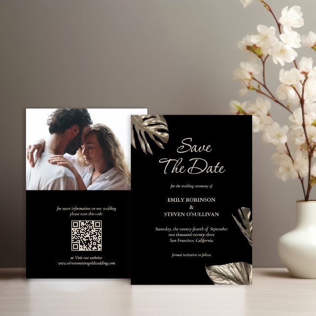 Black & Gold Botanical Wedding with Photo and QR Save The Date (Creator Uploaded)
