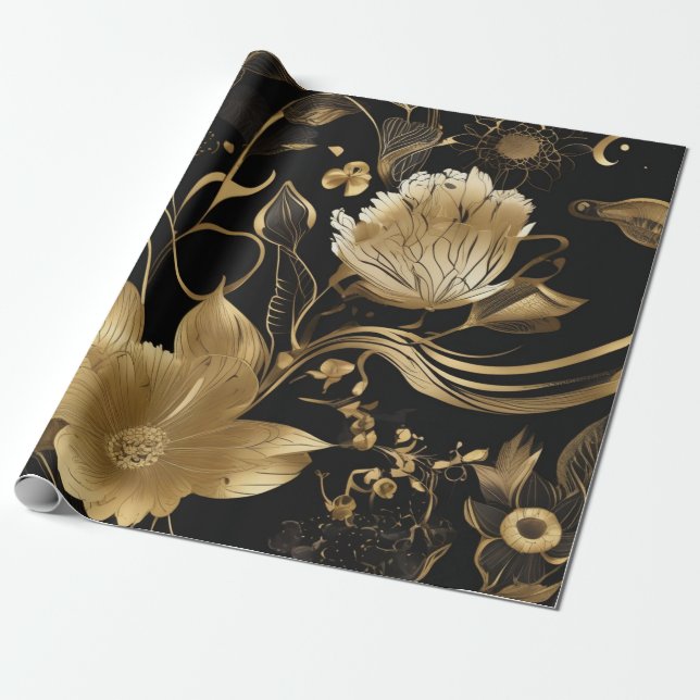 Black & Gold Botanicals: Floral Opulence Wrapping Paper (Unrolled)