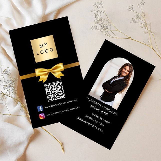 Black gold bow arch photo Qr social media premium Business Card (Creator Uploaded)