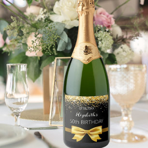 Black gold bow birthday sparkling wine label