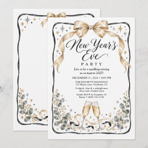 Black Gold Bow Champagne New Year's Eve Party Invitation