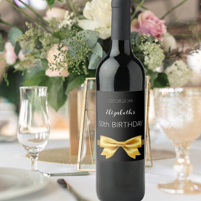 Black gold bow elegant birthday wine label (Creator Uploaded)