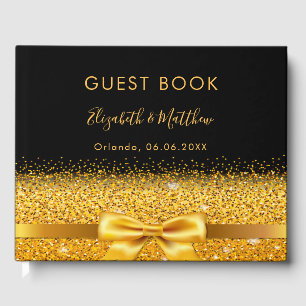 Black gold bow elegant wedding guest book