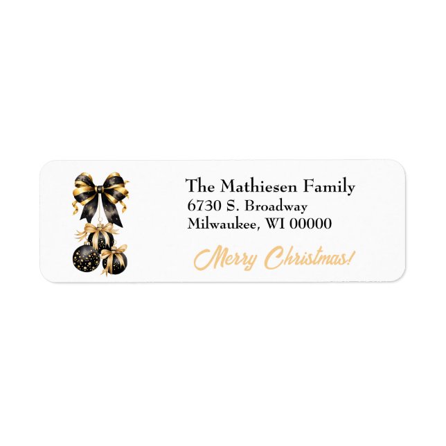 Black Gold Bow Holiday Bulb Trio Return Address (Front)