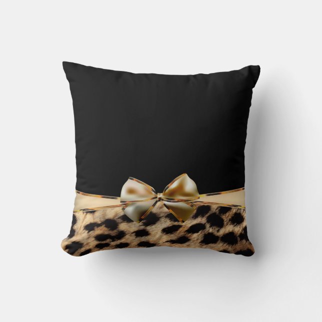 Black & Gold Bow Leopard Cheetah Animal Print Cushion (Front)
