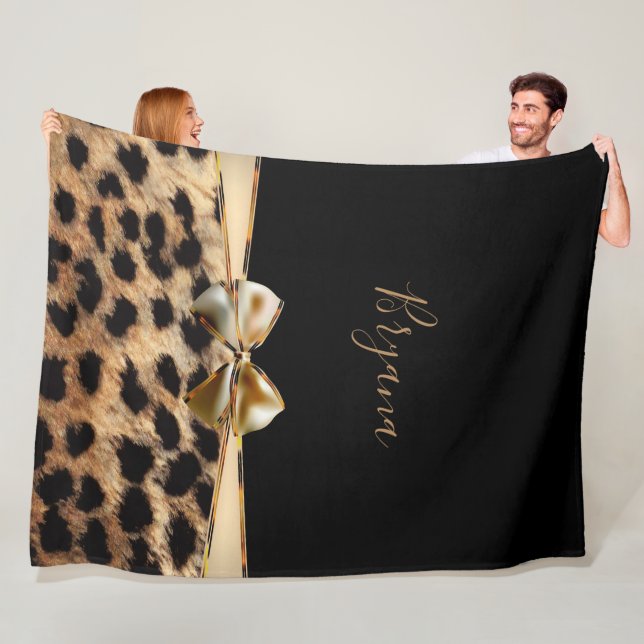 Black & Gold Bow Leopard Cheetah Animal Print Fleece Blanket (In Situ)