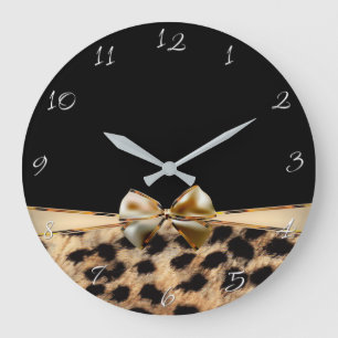 Black & Gold Bow Leopard Cheetah Animal Print Large Clock