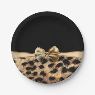Black & Gold Bow Leopard Cheetah Animal Print Paper Plate