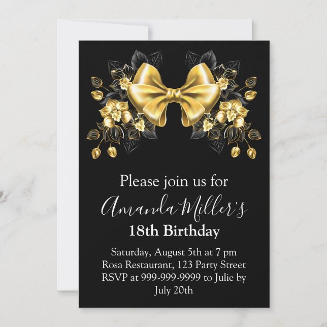 Black gold bow luxury birthday magnetic invitation (Front)