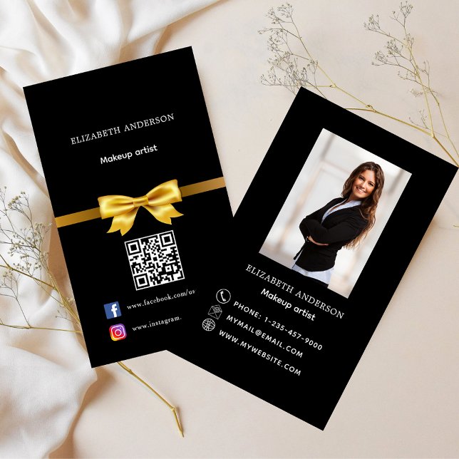 Black gold bow photo Qr code social media Business Card (Creator Uploaded)