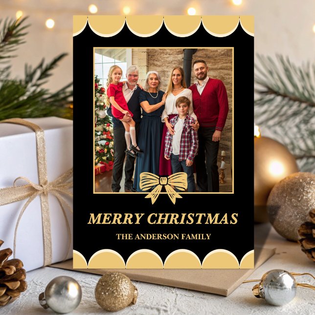Black & Gold Bow Scalloped Family Christmas Photo Holiday Card (Creator Uploaded)