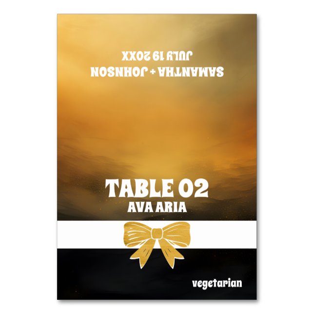 Black Gold Bow Wedding Meal Choice Place Cards (Front)