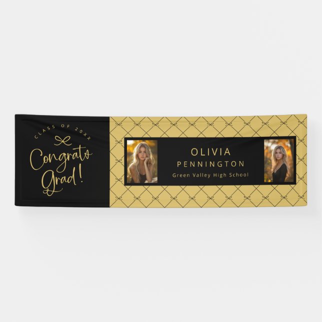 Black Gold Bows 2 Photo Congrats Grad Party Banner (Horizontal)