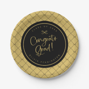 Black Gold Bows Congrats Grad Graduation Party Paper Plate