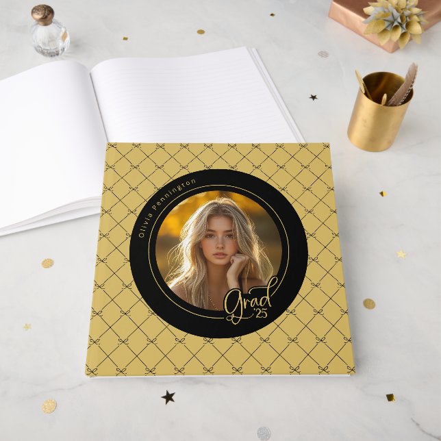 Black Gold Bows Elegant Modern Photo Grad Guest Book (Front Open)