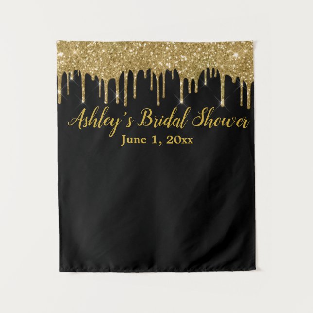 Black Gold Bridal Shower Backdrop Photo Booth Prop Tapestry (Front)