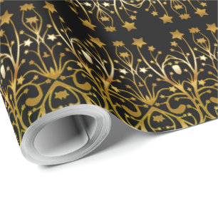 Black Gold Brown Elegant Chic Stars Pattern Wrapping Paper