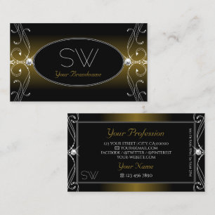 Black Gold Brown Ornate Sparkle Diamonds Monogram Business Card