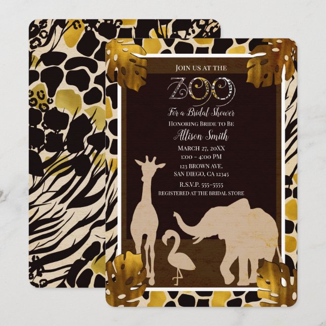 Black Gold Brown Zoo Animals Safari Bridal Shower Invitation (Front/Back)