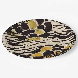 Black Gold Brown Zoo Animals Safari Print Party Paper Plate