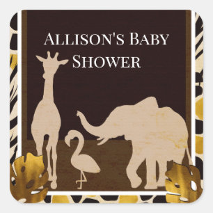 Black Gold Brown Zoo Animals Safari Print Party Square Sticker