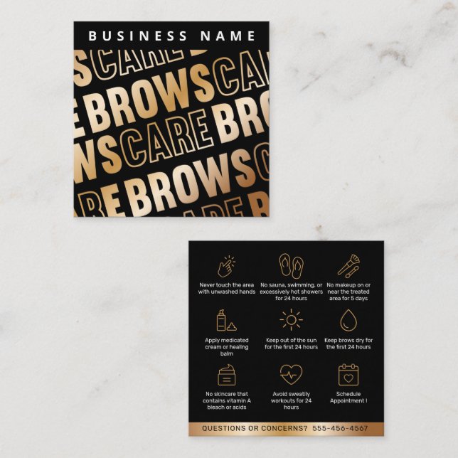 Black Gold Brows Aftercare PMU Brow Instructions Square Business Card (Front/Back)