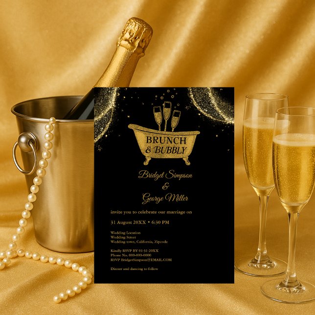 Black Gold Brunch & Bubbly Wedding  Invitation (Creator Uploaded)
