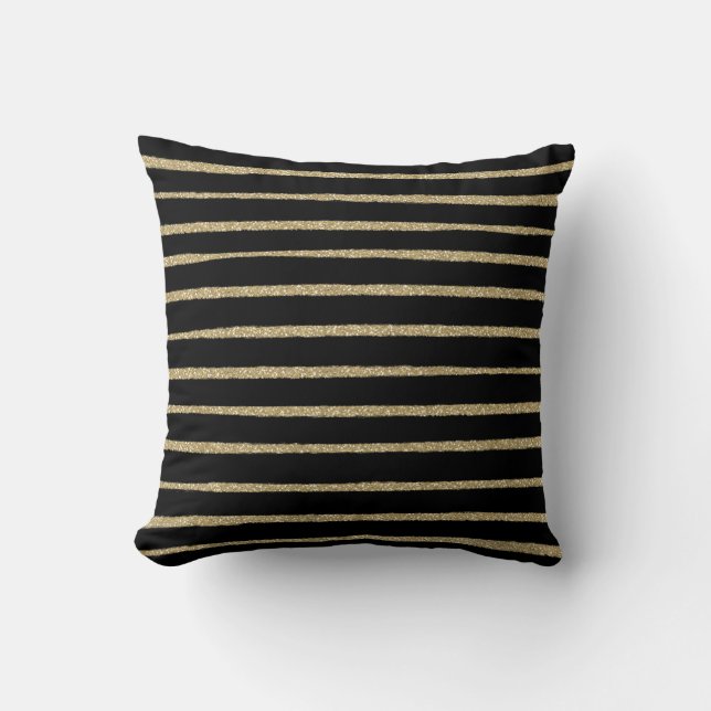 Black Gold Brush Strokes Stripes Cushion (Front)