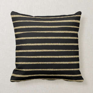 Black Gold Brush Strokes Stripes Cushion