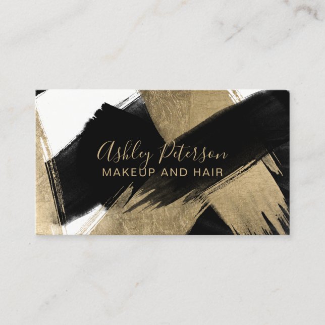 Black gold brushstrokes hair makeup typography business card (Front)