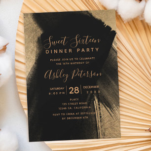 Black gold brushstrokes typography Sweet 16 Invitation
